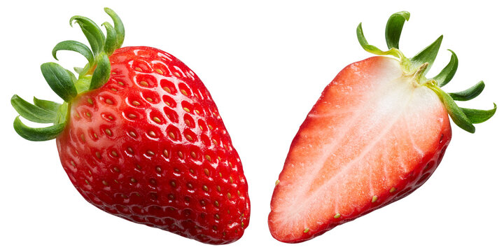 Whole and cut half ripe strawberry isolated