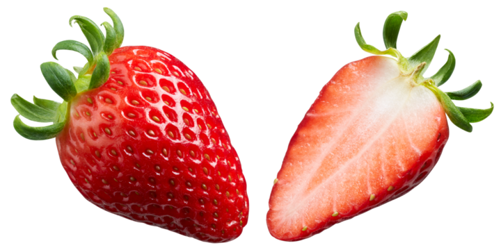 Whole and cut half ripe strawberry isolated