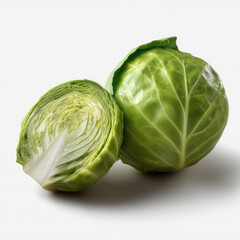 Fototapeta premium Fresh green cabbage and half cabbage on white background, showing crisp texture and vibrant color, perfect for healthy cooking