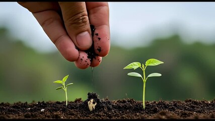 Hand nurturing seedlings with rich soil