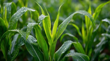 Obraz premium Fresh Green Corn Plants with Dew Drops in a Lush Agricultural Field Under Morning Light