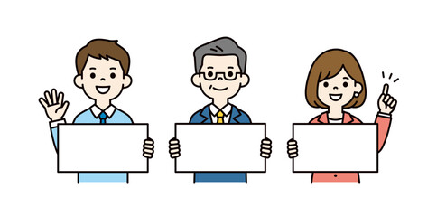 パネルを持って告知する、年配の社長とビジネスマンの上半身ベクターイラスト素材セット＿カラー