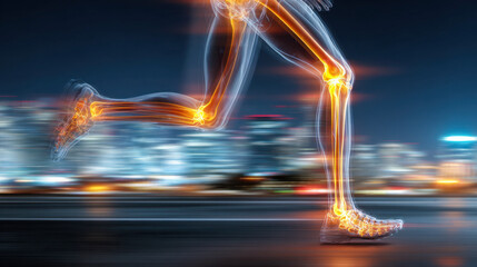 Transparent human legs with glowing joints showing bone structure running fast on city street at night with motion blur background of urban lights and buildings