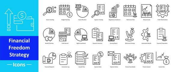 icon pack of financial freedom strategy in creative outline vector style for business growth wealth management personal finance investment planning budgeting tools and money mindset development