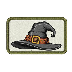 Spooky witch hat patch design with golden buckle and leather band, perfect for Halloween and magical themes