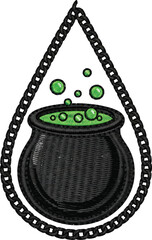 Whimsical black cauldron bubbles with vibrant green potion and chain detail, perfect for festive Halloween designs.