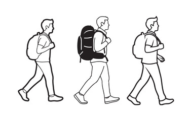 Three hikers walking with backpacks, simple line drawing showing progression and movement