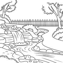 Serene Stream with Waterfall and Fenced Garden Line Art Coloring Page for Kids and Adults