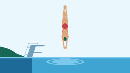 A diver in red swimsuit diving headfirst into a swimming pool with diving board on the side view image