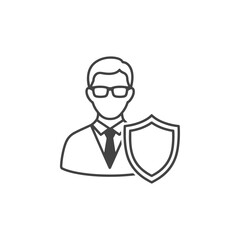 Man wearing glasses and tie with shield icon, representing security, protection, insurance, and safety services concept