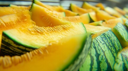 Close-up of vibrant orange melon slices with green rind and visible seeds, a refreshing summer