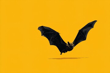 Fototapeta premium Minimalist illustration of single black bat in flight over yellow background with copy space, advertisements or web design. Ideal for Halloween themed projects and creative layouts