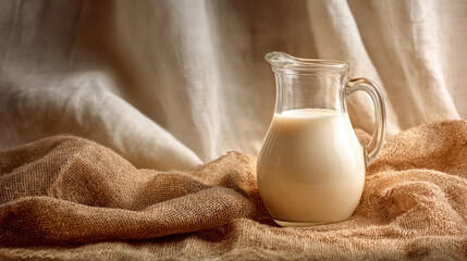 A glass jug filled with fresh creamy milk sits on soft rustic brown burlap fabric against a neutral draped cloth background, creating a warm and cozy scene