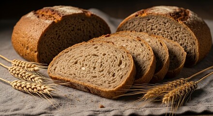 Artisan sourdough bread sliced freshly baked crusty loaf with wheat stalks and burlap texture
