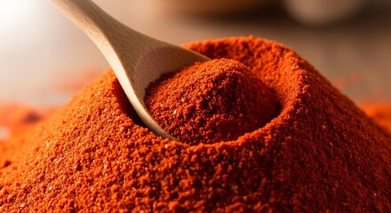 Wooden spoon scooping bright red paprika spice powder