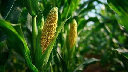 Fresh Corn Plant with Ripe Ears Growing in a Lush Green Field Under Bright Sunshine