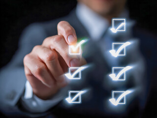Businessman interacting with futuristic digital checklist interface, marking completed tasks with glowing check marks on transparent screen background