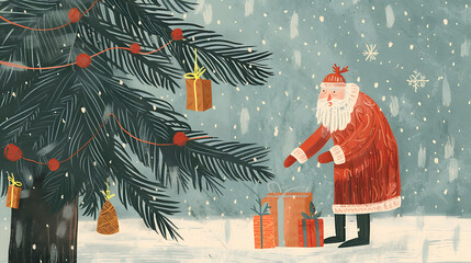 Santa Claus standing near the Christmas tree with gifts. Hand drawn vector illustration
