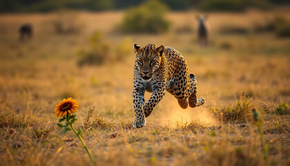 Leopard leaping through the African savanna hunting near a sunflower creating a dynamic wildlife image