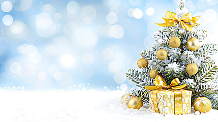 Christmas tree with gift boxes and falling snow on blue festive background