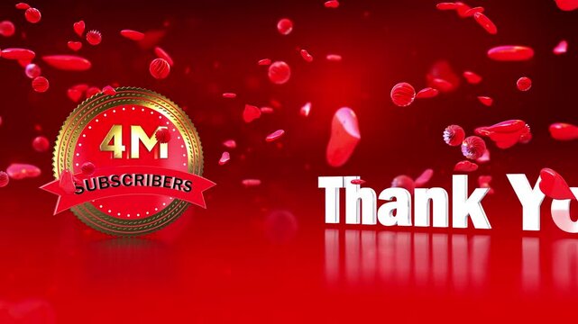 4 Million Subscribers celebration background with a golden badge, "Thank You" text, and falling heart-shaped petals. 3D motion graphics for social media achievement.
