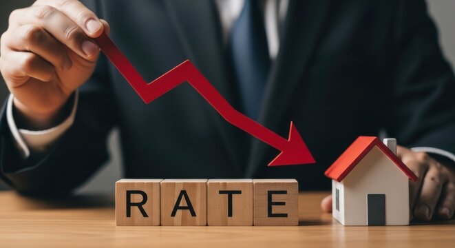 Person holding red arrow pointing down over rate blocks and house model on wooden surface