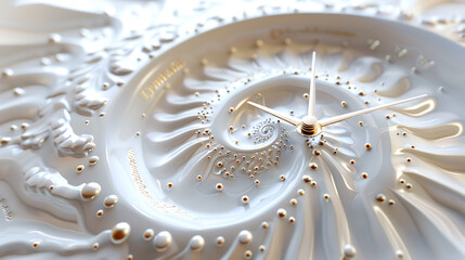 Fractal 3D illustration of a white clock in the shape of a seashell