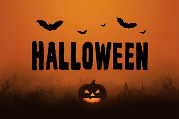 Decorative black Halloween typography card with bats flying around pumpkin on orange gradient background, suitable for event posters and digital designs