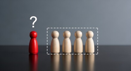 Red figure with question mark and group of wooden figures in a dashed line rectangle