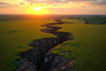 Earthquake Disaster Fault Line Cracking Through Green Field