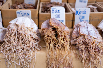 Various dried seafood for sale at market stall in Bangkok, Thailand