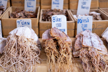 Various dried seafood for sale at market stall in Bangkok, Thailand