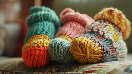 Knitted woolen socks on sofa in living room, closeup