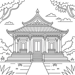 Traditional Temple Line Art Coloring Page for Kids and Adults
