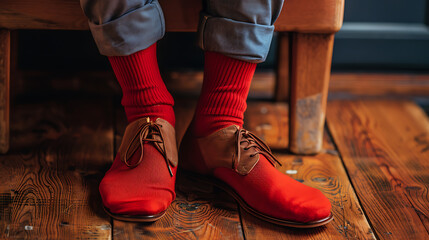 Feet of a man in red shoes on a wooden background, top view
