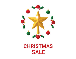 Golden star Christmas tree topper surrounded by festive ornaments and holly berries.