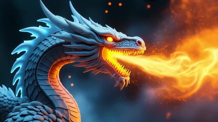 Blue dragon breathing fire with glowing orange flames and eyes. Epic fantasy creature with detailed scales, horns and wings against dark background. Mythical beast. - Powered by Adobe