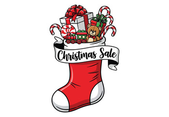 A Christmas stocking overflows with festive gifts and candy canes, announcing a sale.