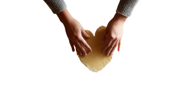 Baking scene with hands shaping cookies on wooden table showing homemade pastry preparation and kitchen craft isolated on white background
