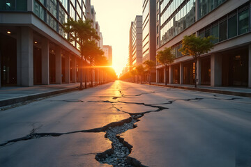 Earthquake Disaster Cracks Splitting City Road at Dawn
