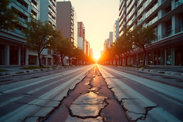 Earthquake Disaster Shaking Urban Road with Deep Cracks