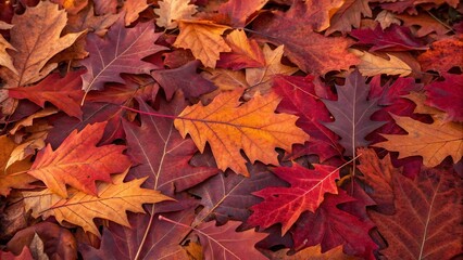 Closeup texture of vibrant red and orange maple and oak leaves scattered in a full frame pattern.