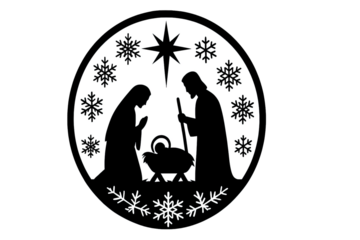 Nativity silhouette illustration with holy family, manger, star and snowflakes representing peaceful Christmas scene, winter faith theme, isolated on white background