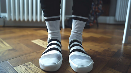 Close-up of female legs in black and white socks on wooden floor