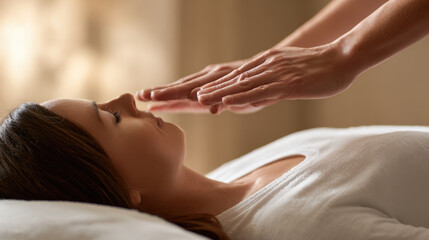 Woman receiving reiki healing treatment for relaxation and stress relief. A reiki practitioner gently hovers hands over a client's head during a healing session, promoting wellness
