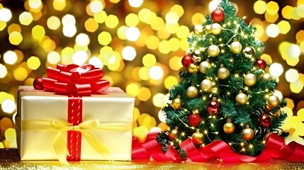 Christmas tree with gift boxes on festive bokeh background. New Year holiday concept