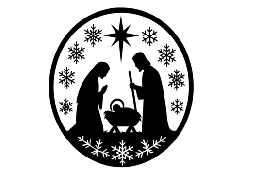 Nativity silhouette illustration with holy family, manger, star and snowflakes representing peaceful Christmas scene, winter faith theme, isolated on white background
