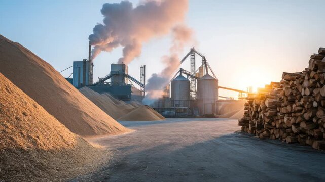 A factory with smoke rising against a setting sun, large piles of grain, and wood stacks