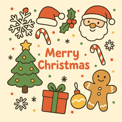 Cute Merry Christmas Greeting with Santa, Tree, and Gingerbread Man