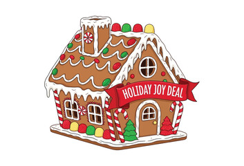 Gingerbread house decorated for the holidays with a banner that says Holiday Joy Deal.
